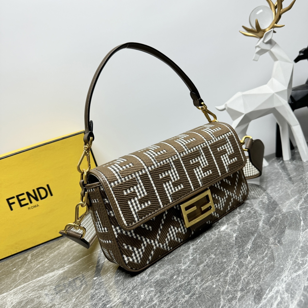 Fendi Medium Baguette FF Canvas Shoulder Bag Dark Coffee